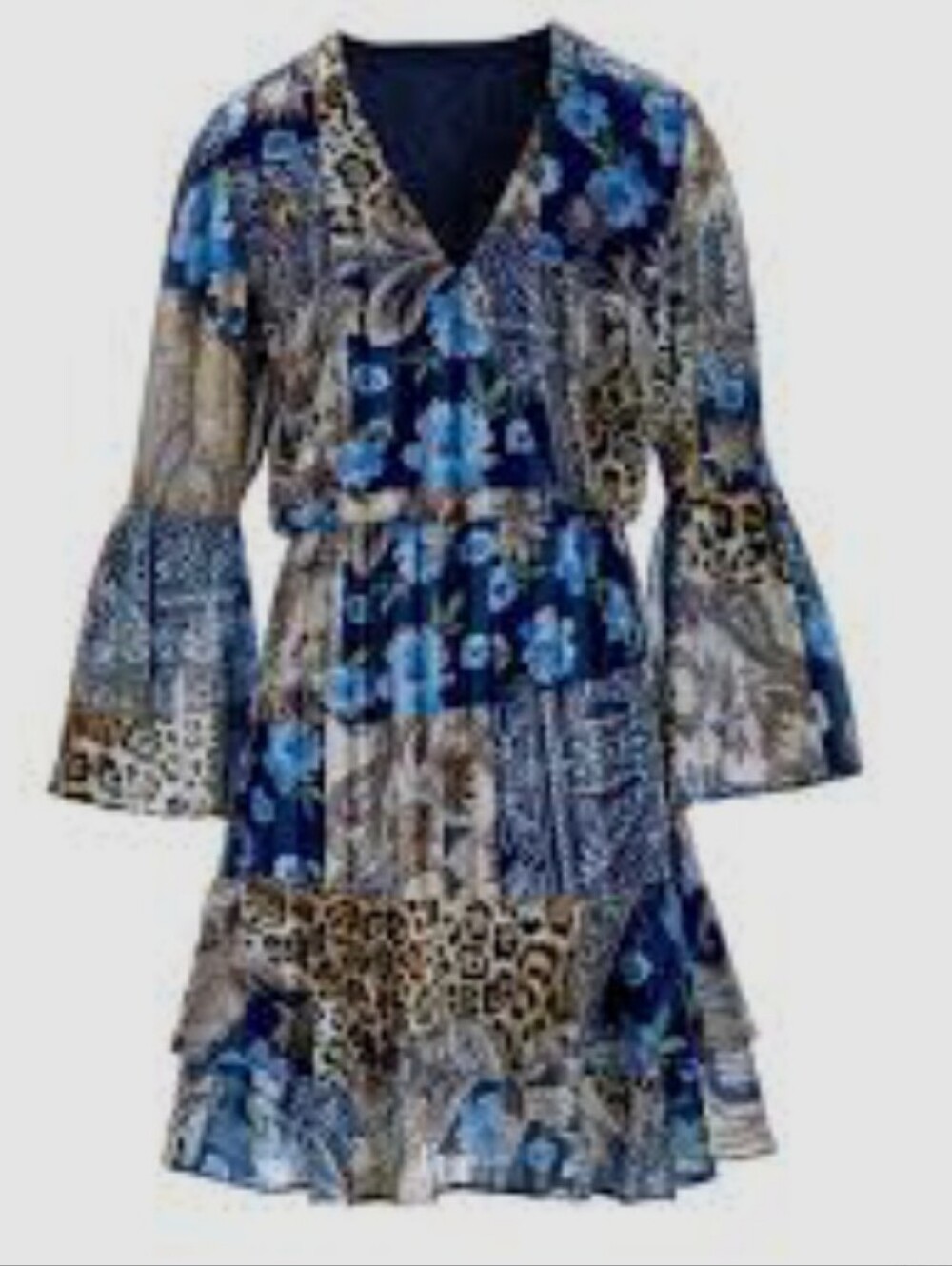 Boston Proper Wild Patchwork Print Flare Sleeve Peasant V-Neck  Dress Size L - Picture 2 of 9